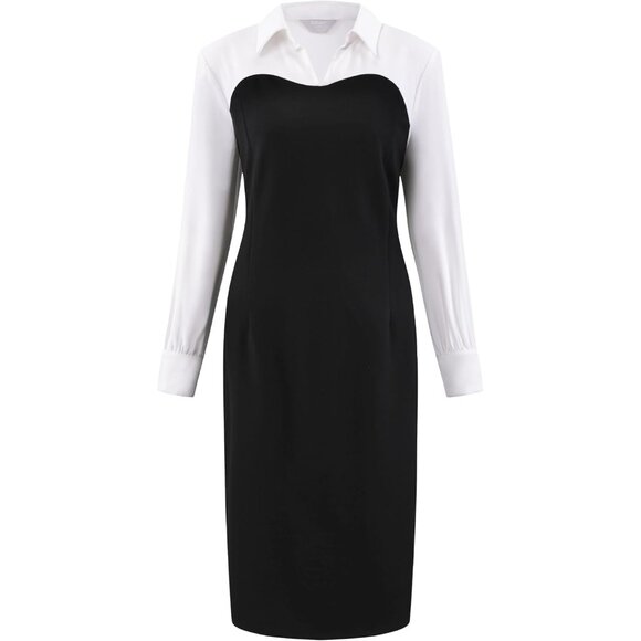 Women's Long Sleeve Contrast Color Pencil Dress Office Work Midi Stretch